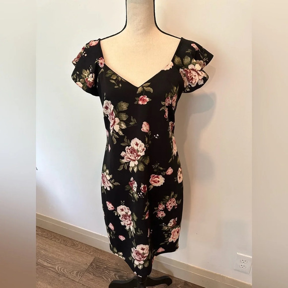 Guilty Floral Black and Pink Midi Dress Bodycon  Flutter Sleeve Size Large - Picture 1 of 7